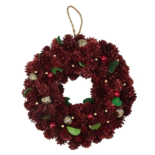 9.5&#x22; Red &#x26; Gold Pinecone Wreath